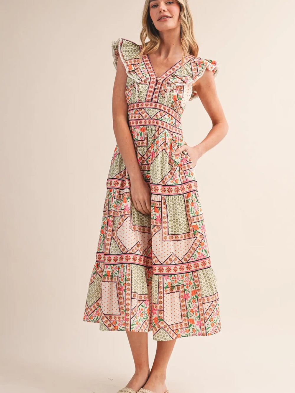 &Merci Avara Floral Patchwork Ruffle Midi Dress - Pink & Green